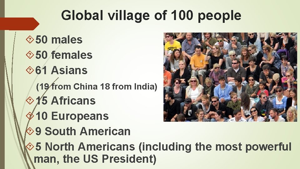 Global village of 100 people 50 males 50 females 61 Asians (19 from China