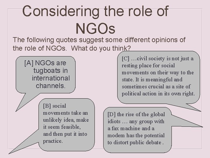 Considering the role of NGOs The following quotes suggest some different opinions of the