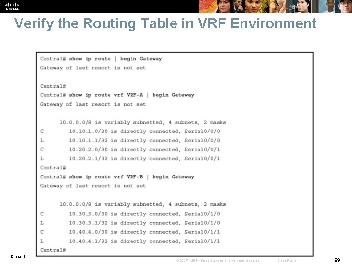 Verify the Routing Table in VRF Environment Chapter 8 © 2007 – 2016, Cisco