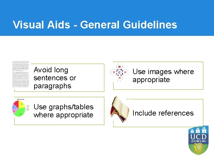 Visual Aids - General Guidelines Avoid long sentences or paragraphs Use images where appropriate