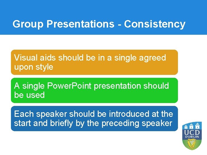 Group Presentations - Consistency Visual aids should be in a single agreed upon style