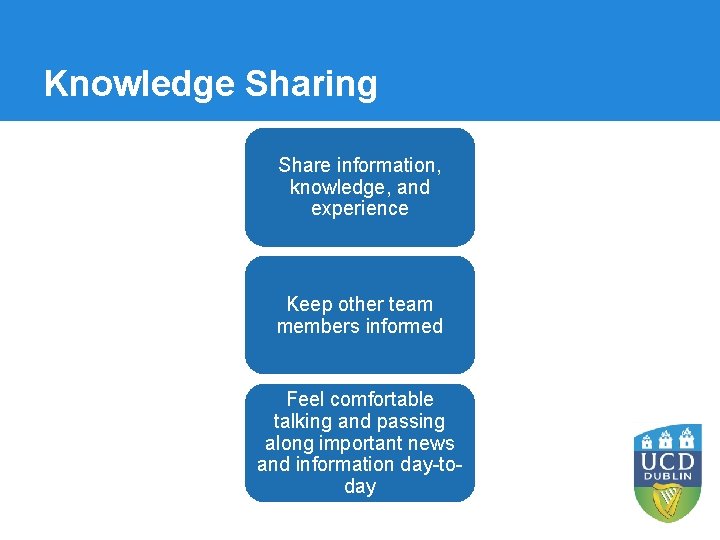 Knowledge Sharing Share information, knowledge, and experience Keep other team members informed Feel comfortable