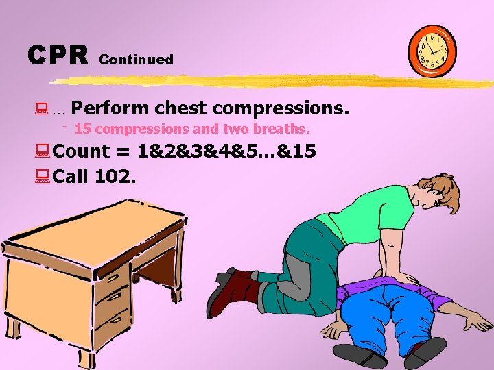 CPR Continued : … Perform chest compressions. q 15 compressions and two breaths. : CPR Continued : … Perform chest compressions. q 15 compressions and two breaths. :