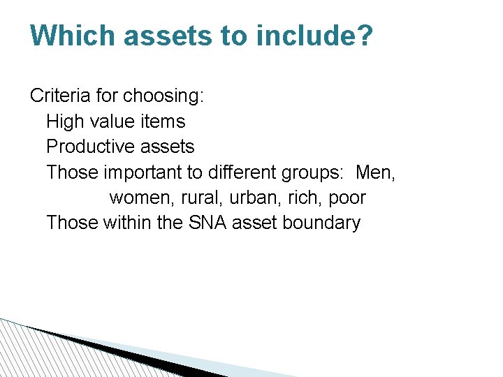 Which assets to include? Criteria for choosing: High value items Productive assets Those important