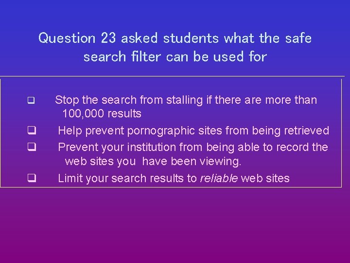 Question 23 asked students what the safe search filter can be used for q