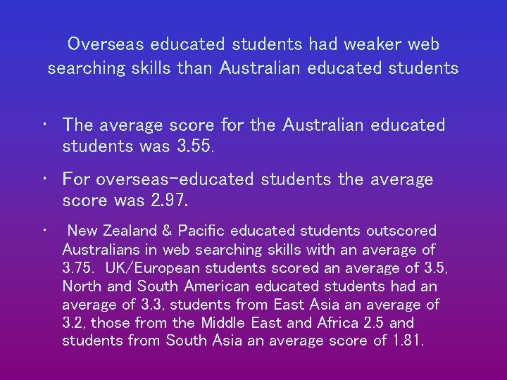 Overseas educated students had weaker web searching skills than Australian educated students • The