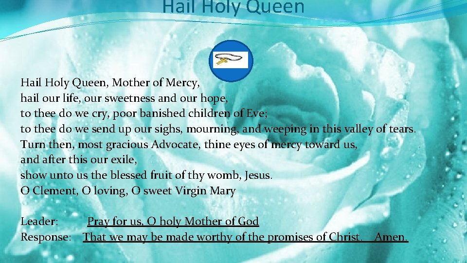 Hail Holy Queen, Mother of Mercy, hail our life, our sweetness and our hope,