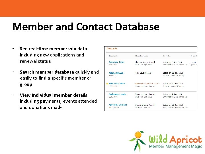 Member and Contact Database • See real-time membership data including new applications and renewal