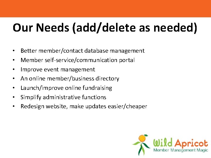 Our Needs (add/delete as needed) • • Better member/contact database management Member self-service/communication portal