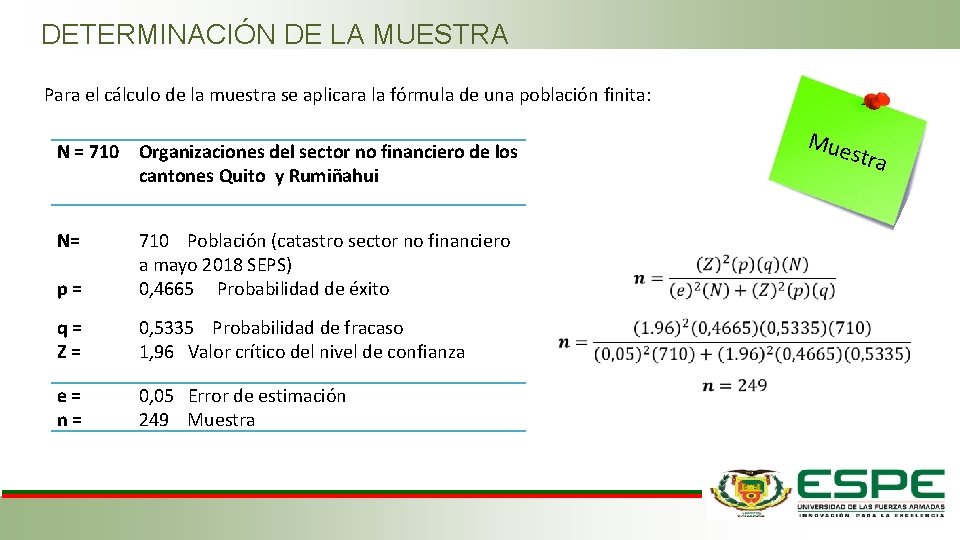 DETERMINACIÓN DE LA MUESTRA Para el cálculo de la muestra se aplicara la fórmula DETERMINACIÓN DE LA MUESTRA Para el cálculo de la muestra se aplicara la fórmula