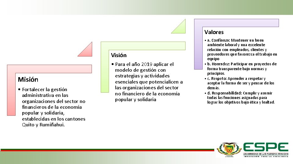 Valores Visión Misión • Fortalecer la gestión administrativa en las organizaciones del sector no Valores Visión Misión • Fortalecer la gestión administrativa en las organizaciones del sector no