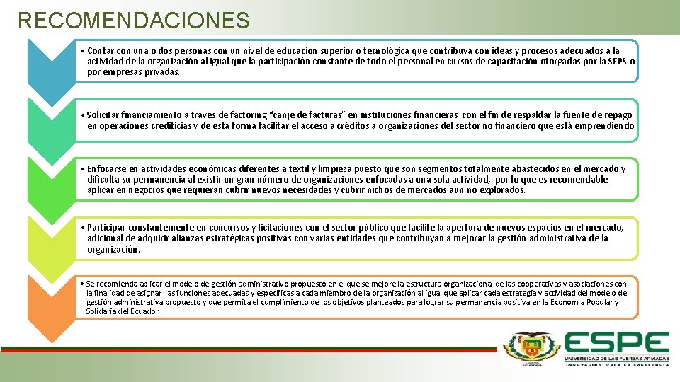 RECOMENDACIONES • Contar con una o dos personas con un nivel de educación superior RECOMENDACIONES • Contar con una o dos personas con un nivel de educación superior