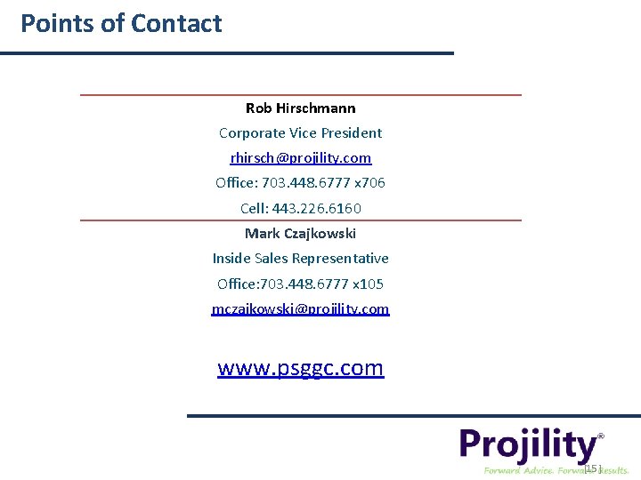 Points of Contact Rob Hirschmann Corporate Vice President rhirsch@projility. com Office: 703. 448. 6777