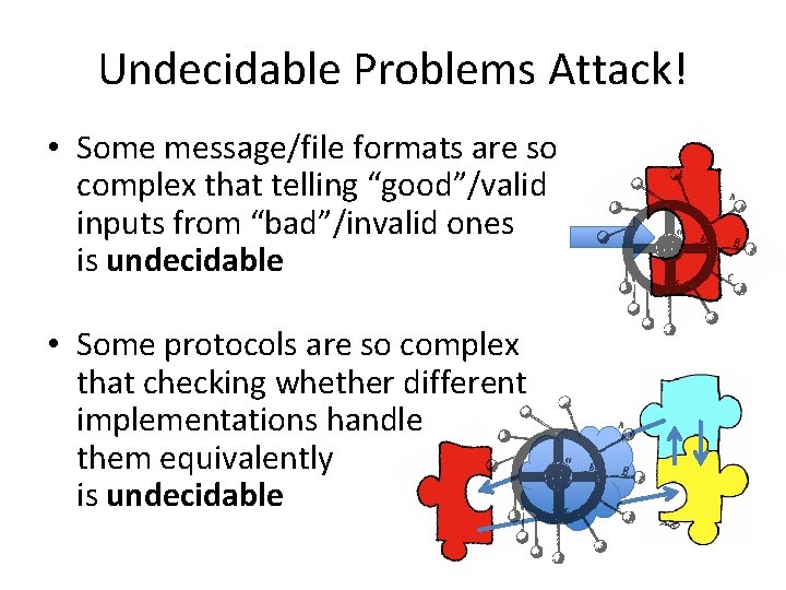Undecidable Problems Attack! • Some message/file formats are so complex that telling “good”/valid inputs