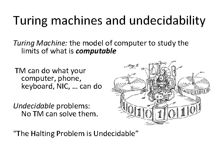 Turing machines and undecidability Turing Machine: the model of computer to study the limits
