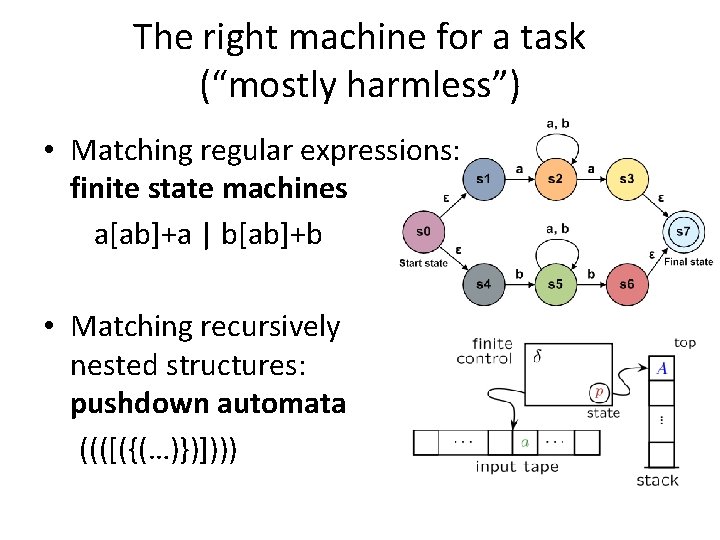 The right machine for a task (“mostly harmless”) • Matching regular expressions: finite state
