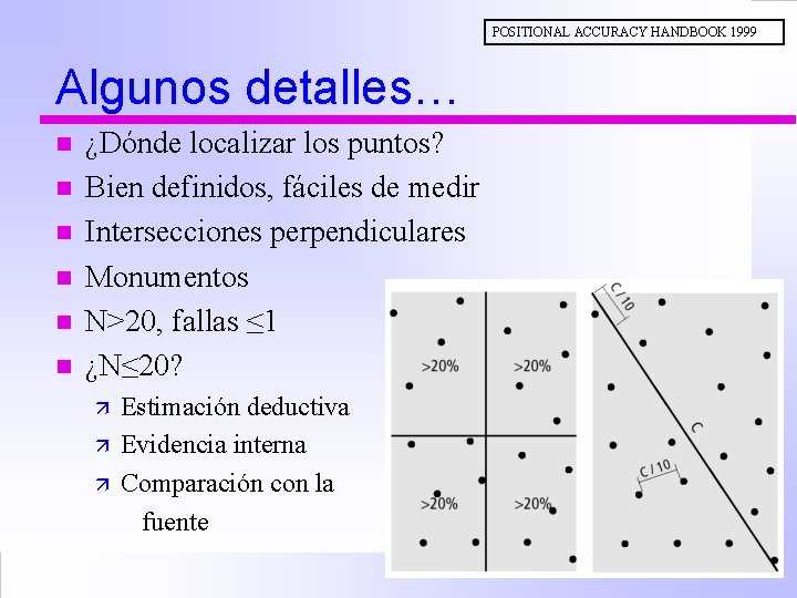 POSITIONAL ACCURACY HANDBOOK 1999 Algunos detalles… n n n ¿Dónde localizar los puntos? Bien