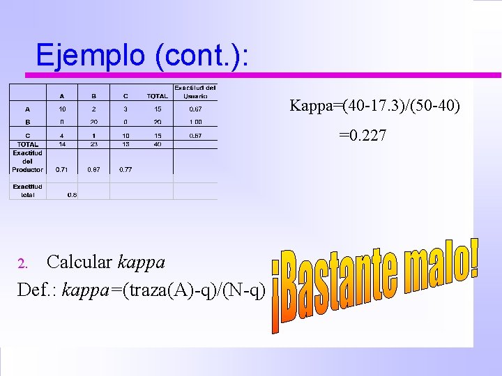 Ejemplo (cont. ): Kappa=(40 -17. 3)/(50 -40) =0. 227 Calcular kappa Def. : kappa=(traza(A)-q)/(N-q)