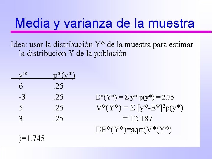 Media y varianza de la muestra Idea: usar la distribución Y* de la muestra