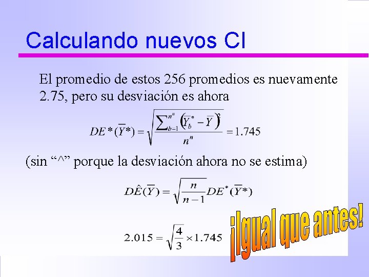 Calculando nuevos CI El promedio de estos 256 promedios es nuevamente 2. 75, pero