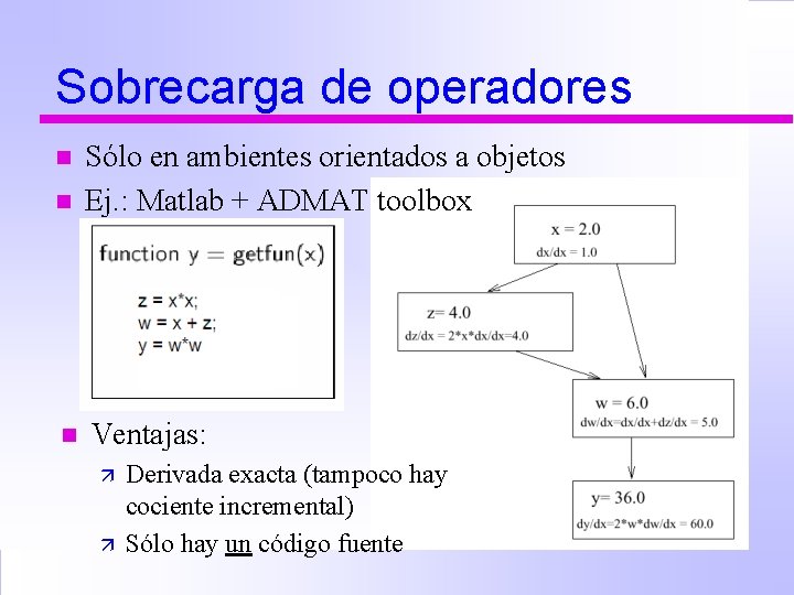 Sobrecarga de operadores n Sólo en ambientes orientados a objetos Ej. : Matlab +