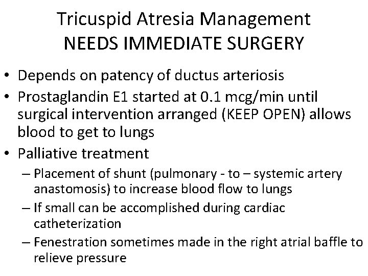 Tricuspid Atresia Management NEEDS IMMEDIATE SURGERY • Depends on patency of ductus arteriosis •