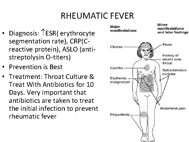 RHEUMATIC FEVER • Diagnosis: ESR( erythrocyte segmentation rate), CRP(C- reactive protein), ASLO (antistreptolysin O-titers)