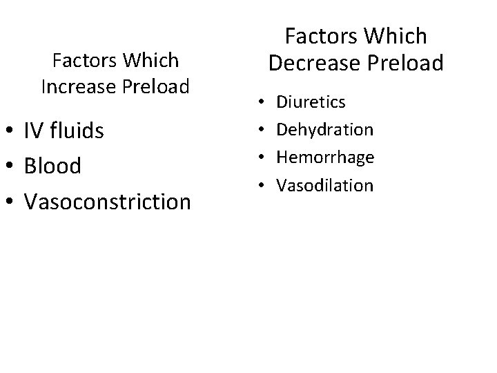 Factors Which Increase Preload • IV fluids • Blood • Vasoconstriction Factors Which Decrease