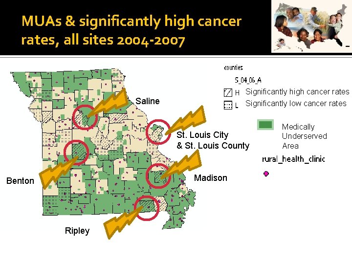 MUAs & significantly high cancer rates, all sites 2004 -2007 Significantly high cancer rates
