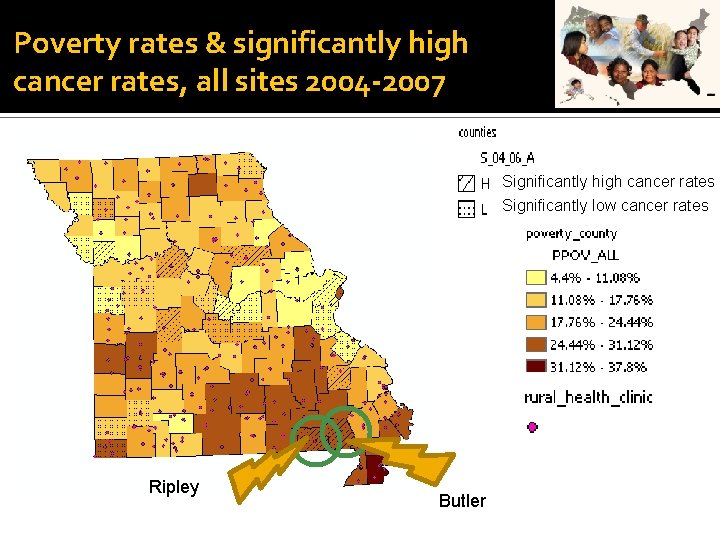 Poverty rates & significantly high cancer rates, all sites 2004 -2007 Significantly high cancer