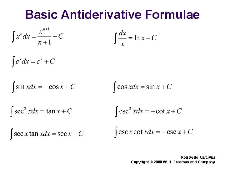 Basic Antiderivative Formulae Rogawski Calculus Copyright © 2008 W. H. Freeman and Company Basic Antiderivative Formulae Rogawski Calculus Copyright © 2008 W. H. Freeman and Company