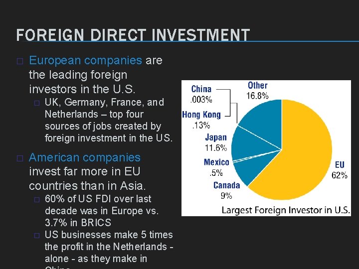 FOREIGN DIRECT INVESTMENT � European companies are the leading foreign investors in the U.