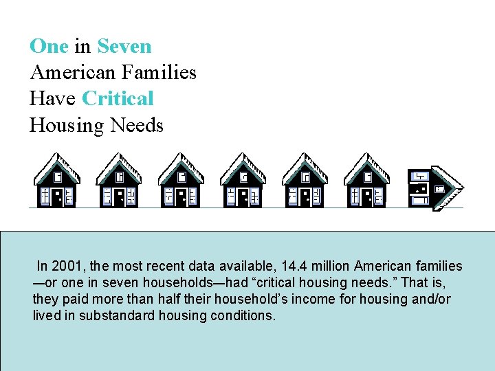 One in Seven American Families Have Critical Housing Needs In 2001, the most recent One in Seven American Families Have Critical Housing Needs In 2001, the most recent