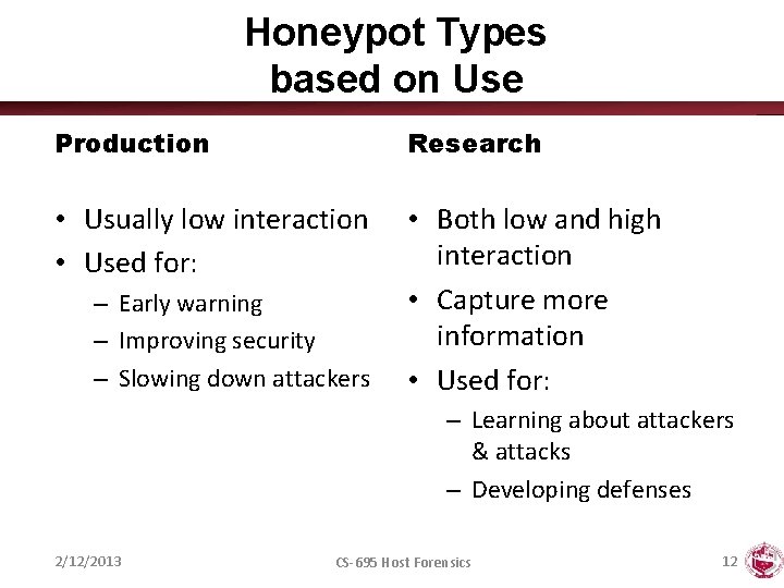 Honeypot Types based on Use Production Research • Usually low interaction • Used for: