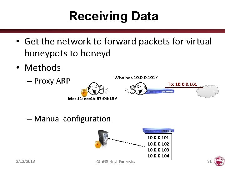 Receiving Data • Get the network to forward packets for virtual honeypots to honeyd