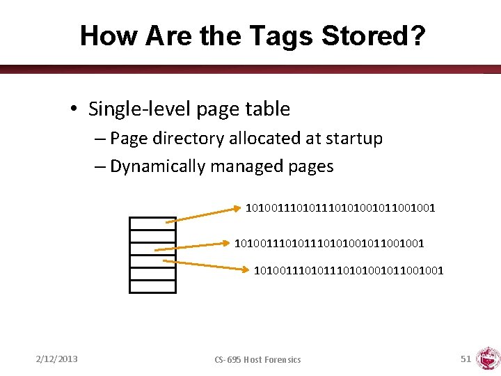 How Are the Tags Stored? • Single-level page table – Page directory allocated at