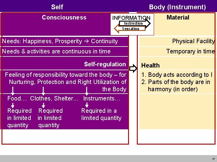 Self Body (Instrument) Consciousness INFORMATION Instruction Sensation Needs: Happiness, Prosperity Continuity Physical Facility Needs