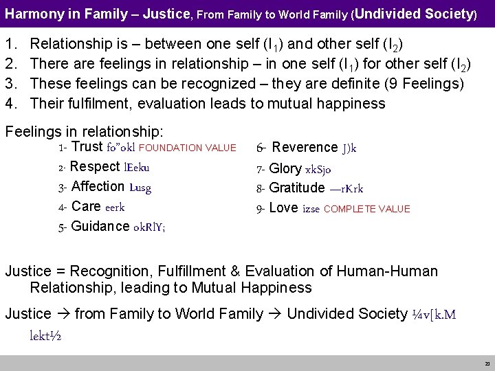 Harmony in Family – Justice, From Family to World Family (Undivided Society) 1. 2.