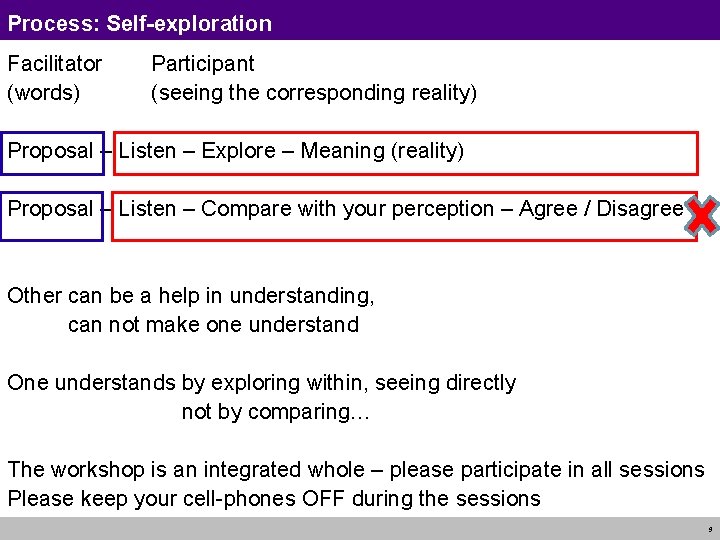 Process: Self-exploration Facilitator (words) Participant (seeing the corresponding reality) Proposal – Listen – Explore