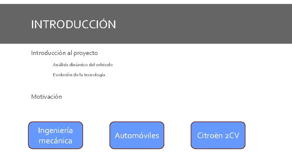 INTRODUCCIÓN Introducción al proyecto Análisis dinámico del vehículo Evolución de la tecnología Motivación Ingeniería