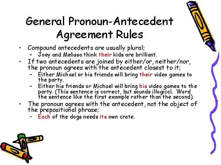 General Pronoun-Antecedent Agreement Rules • Compound antecedents are usually plural; • If two antecedents