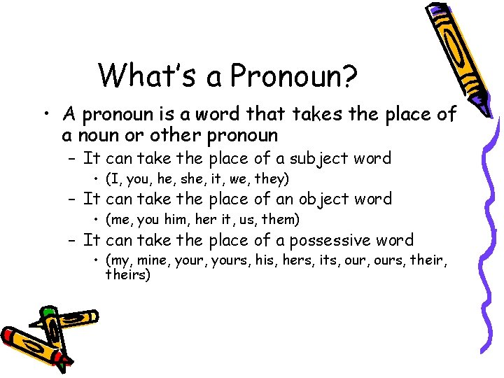 What’s a Pronoun? • A pronoun is a word that takes the place of
