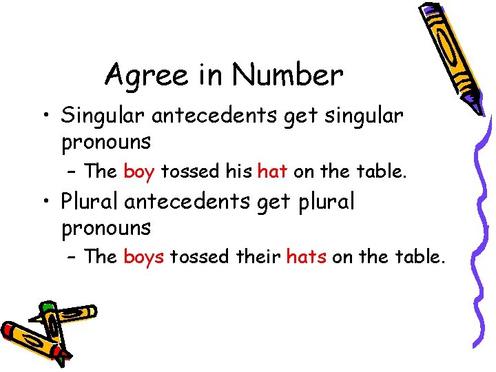 Agree in Number • Singular antecedents get singular pronouns – The boy tossed his