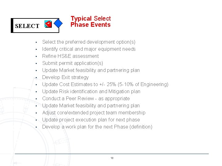 SELECT • • • • Typical Select Phase Events Select the preferred development option(s)