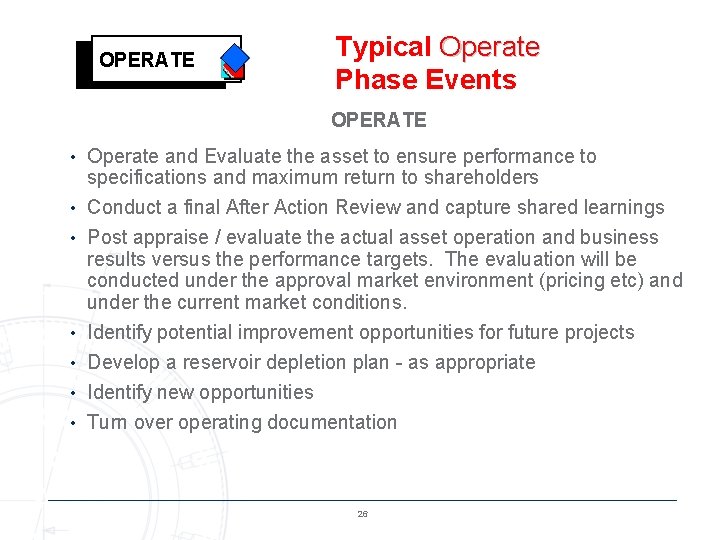 OPERATE Typical Operate Phase Events OPERATE • Operate and Evaluate the asset to ensure