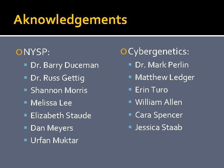 Aknowledgements NYSP: Cybergenetics: Dr. Barry Duceman Dr. Mark Perlin Dr. Russ Gettig Matthew Ledger