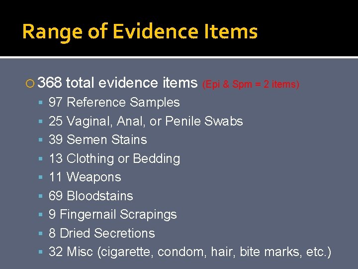 Range of Evidence Items 368 total evidence items (Epi & Spm = 2 items)