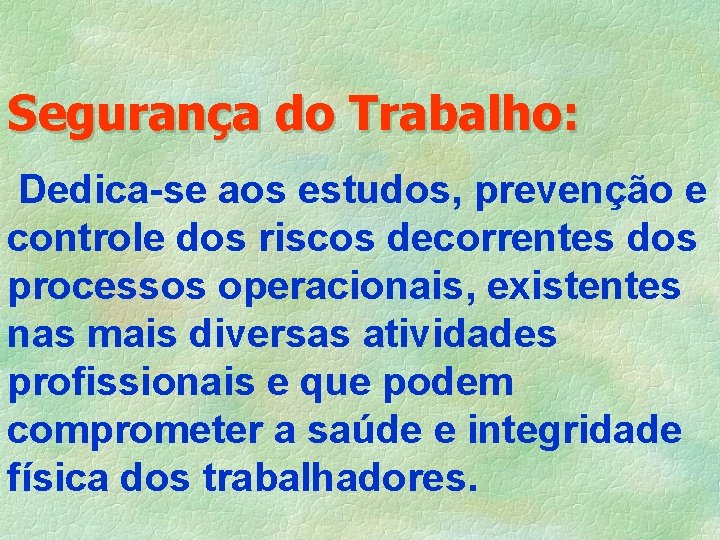 Segurança do Trabalho: Dedica-se aos estudos, prevenção e controle dos riscos decorrentes dos processos