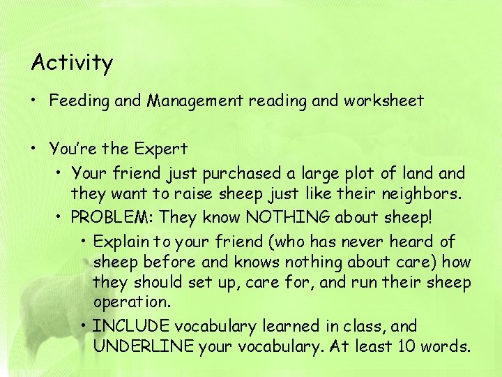Activity • Feeding and Management reading and worksheet • You’re the Expert • Your