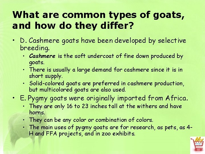 What are common types of goats, and how do they differ? • D. Cashmere